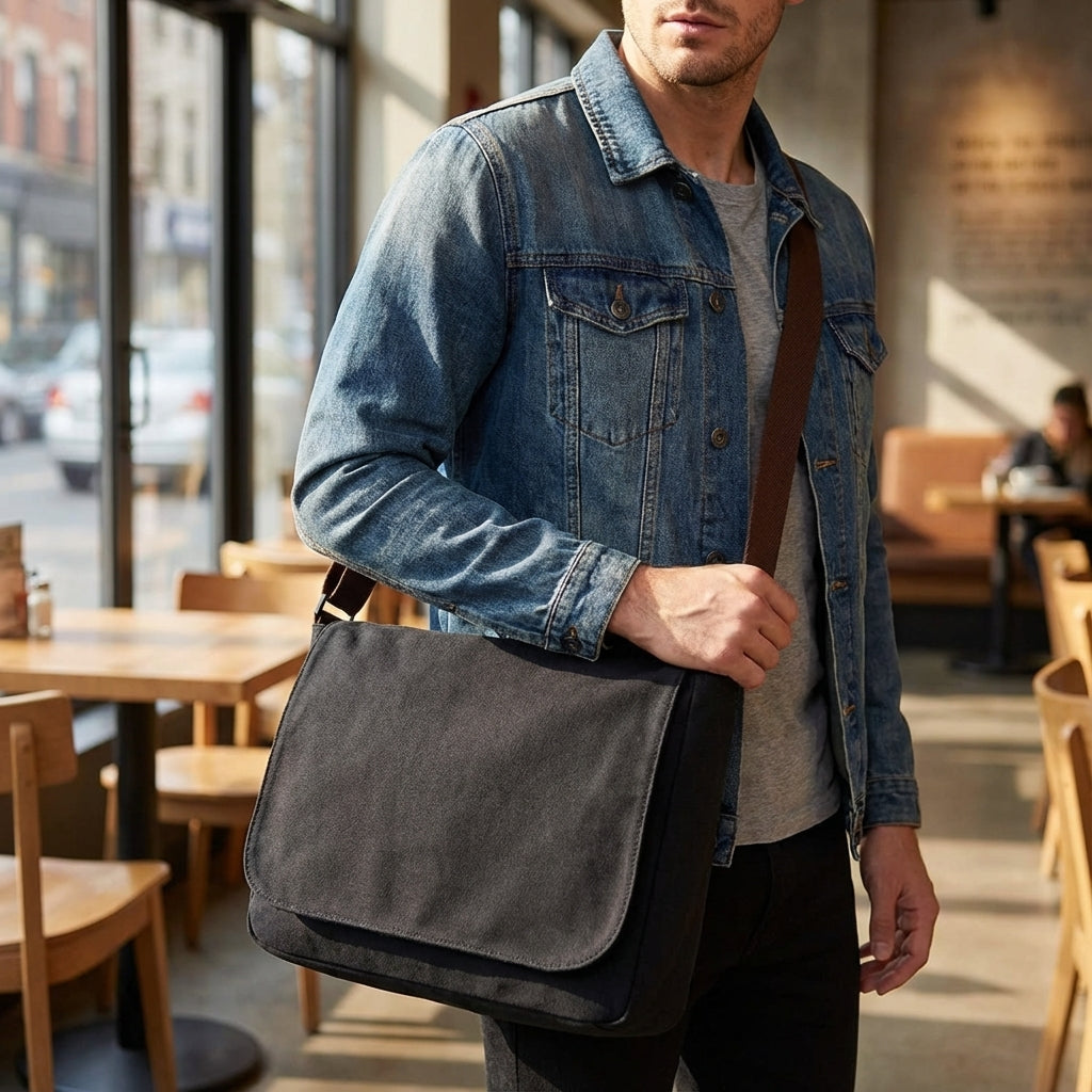Zwarte klassieke unisex canvas schoudertas, duurzaam en stijlvol voor dagelijks gebruik.