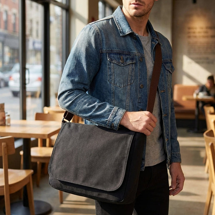 Zwarte klassieke unisex canvas schoudertas, duurzaam en stijlvol voor dagelijks gebruik.