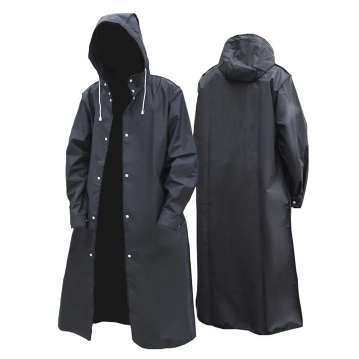 Zwarte lange waterdichte heren regenjas Titan met capuchon. Ideaal voor outdoor bescherming tegen regen en wind.