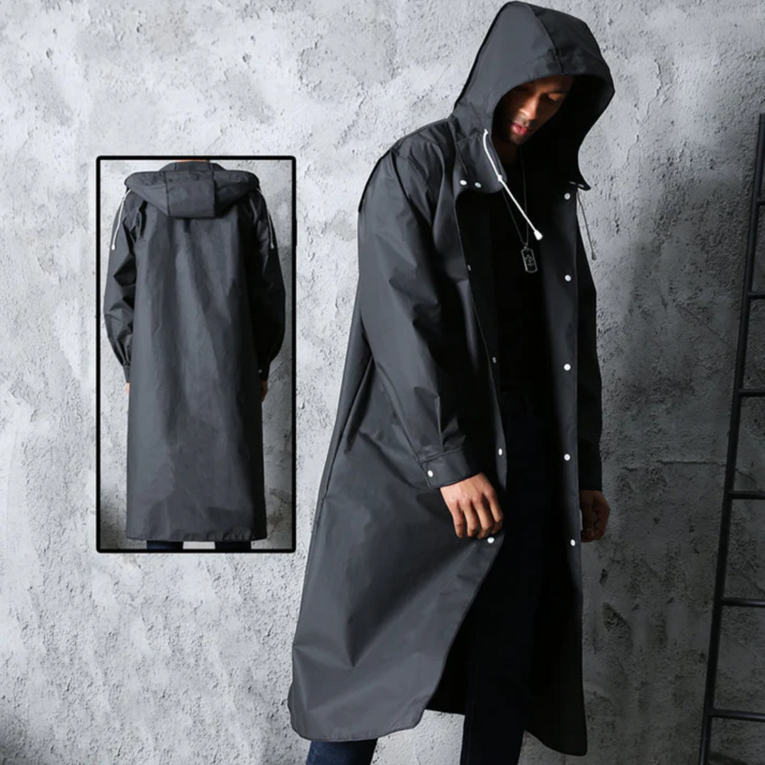 Bestseller lange waterdichte heren regenjas Titan. Duurzame zwarte outdoor kleding met capuchon.
