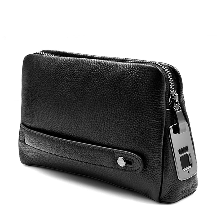 Zwarte leren heren clutch met geavanceerd vingerafdrukslot, ideaal voor veilige opslag van waardevolle spullen.
