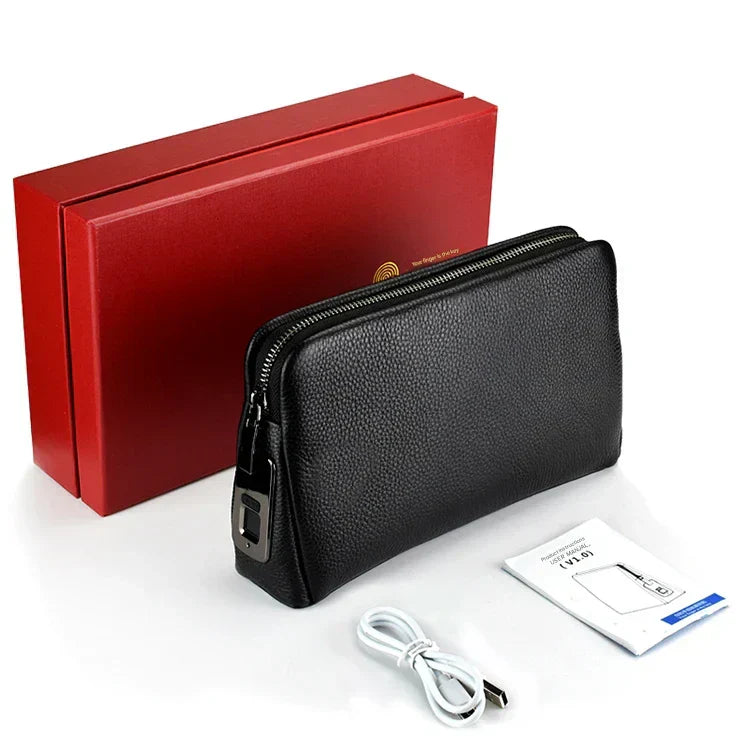 Zwarte leren anti-diefstal heren tas met vingerafdrukslot, perfect voor het veilig meenemen van documenten en essentials.