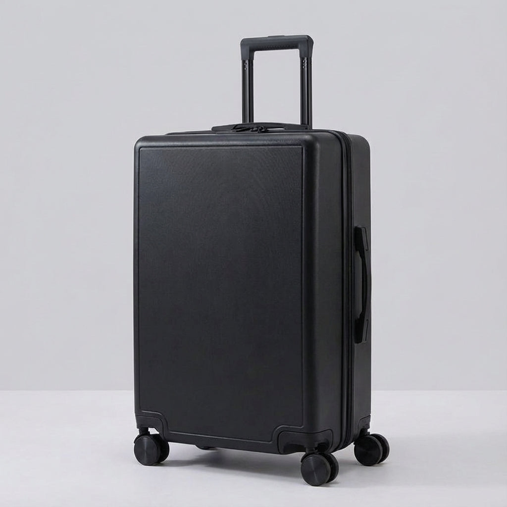 Persoon trekt zwarte lichtgewicht Cabinova reistrolley gemakkelijk achter zich aan op luchthaven. Handig reisaccessoire.
