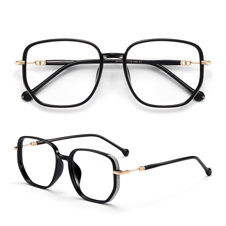Elegante Livia leesbril in zwart, unisex multifocaal met anti-blauw licht voor dagelijkse bescherming.