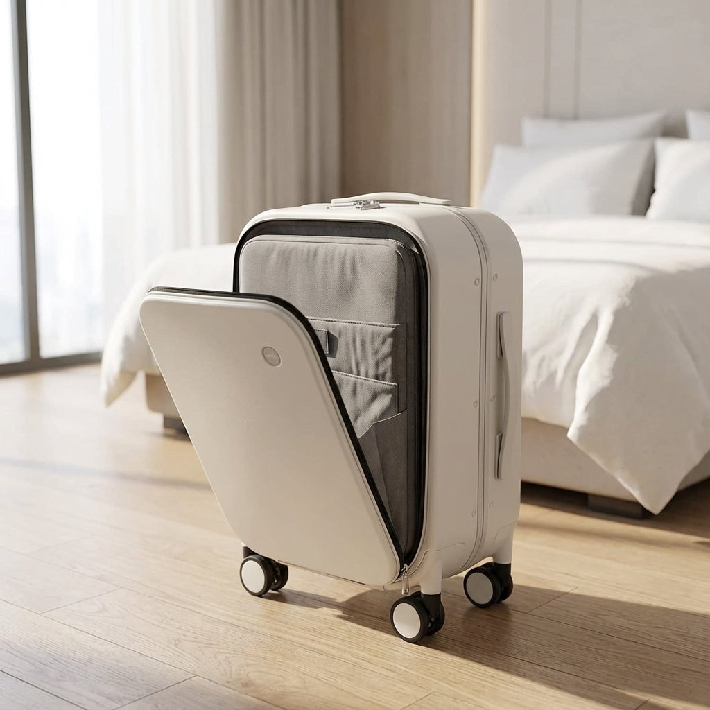 Zwarte Navisphere reiskoffer met stille 360° spinner wielen en slimme organisatie.