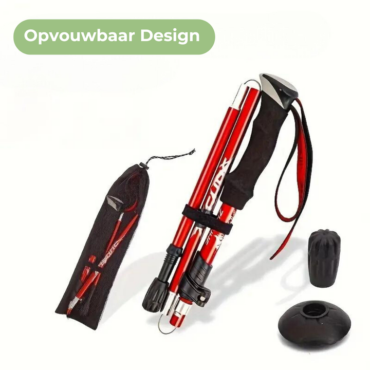 Lichtgewicht aluminium wandelstok (zwart/rood), verstelbaar en opvouwbaar, ideaal voor wandelen en trekking.