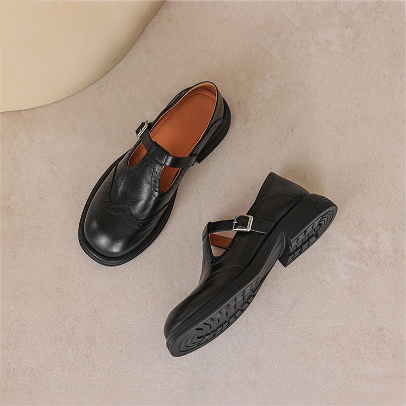 Bruine retro Mary Jane platform schoenen met T-bandje, comfortabele elegante dames pumps.