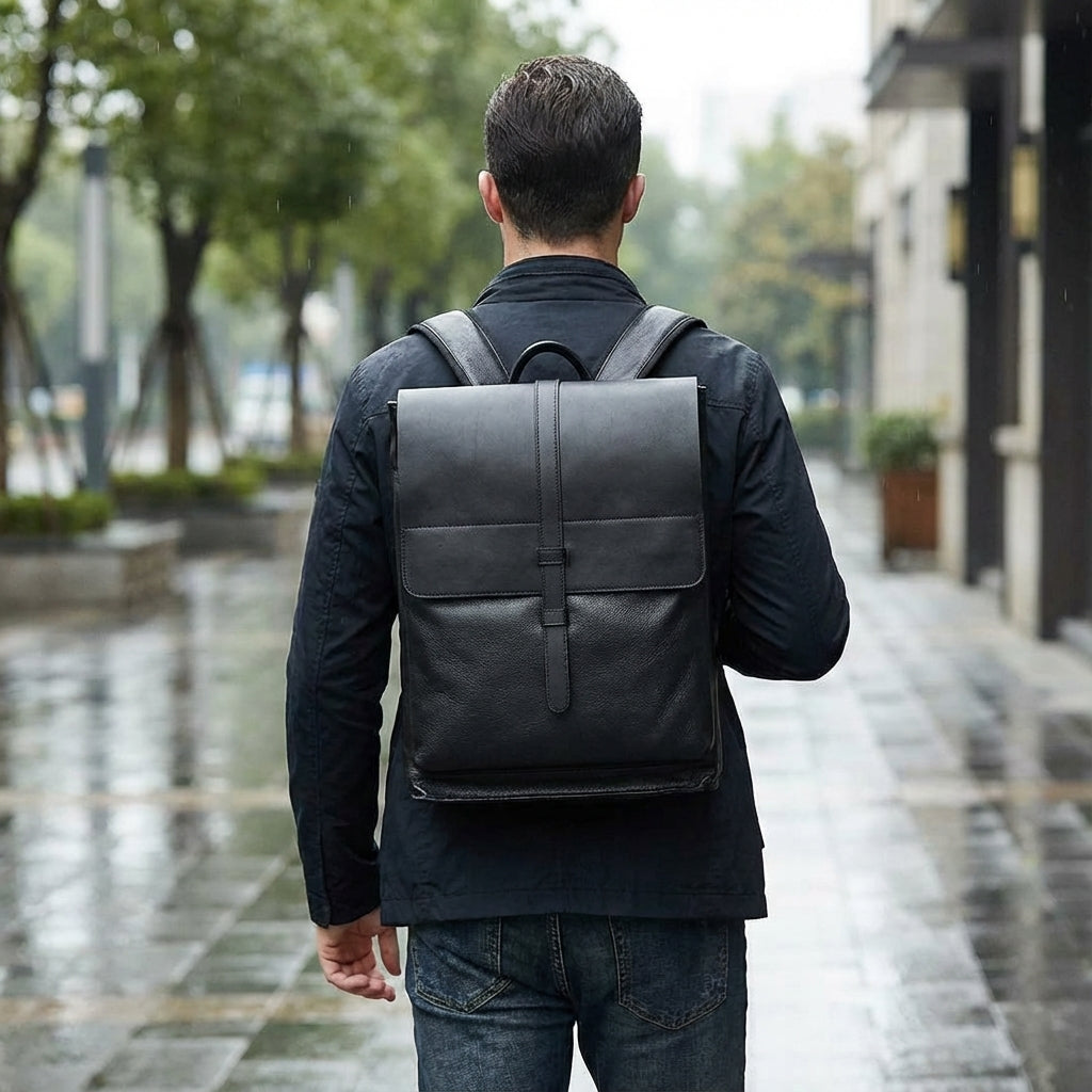 Zwarte professionele unisex laptoprugzak, stijlvol design met ruime opbergruimte voor werk of reizen.