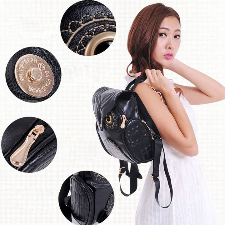 Gouden PU leren uil rugzak dames, trendy en multifunctioneel, perfect als reistas of schooltas.