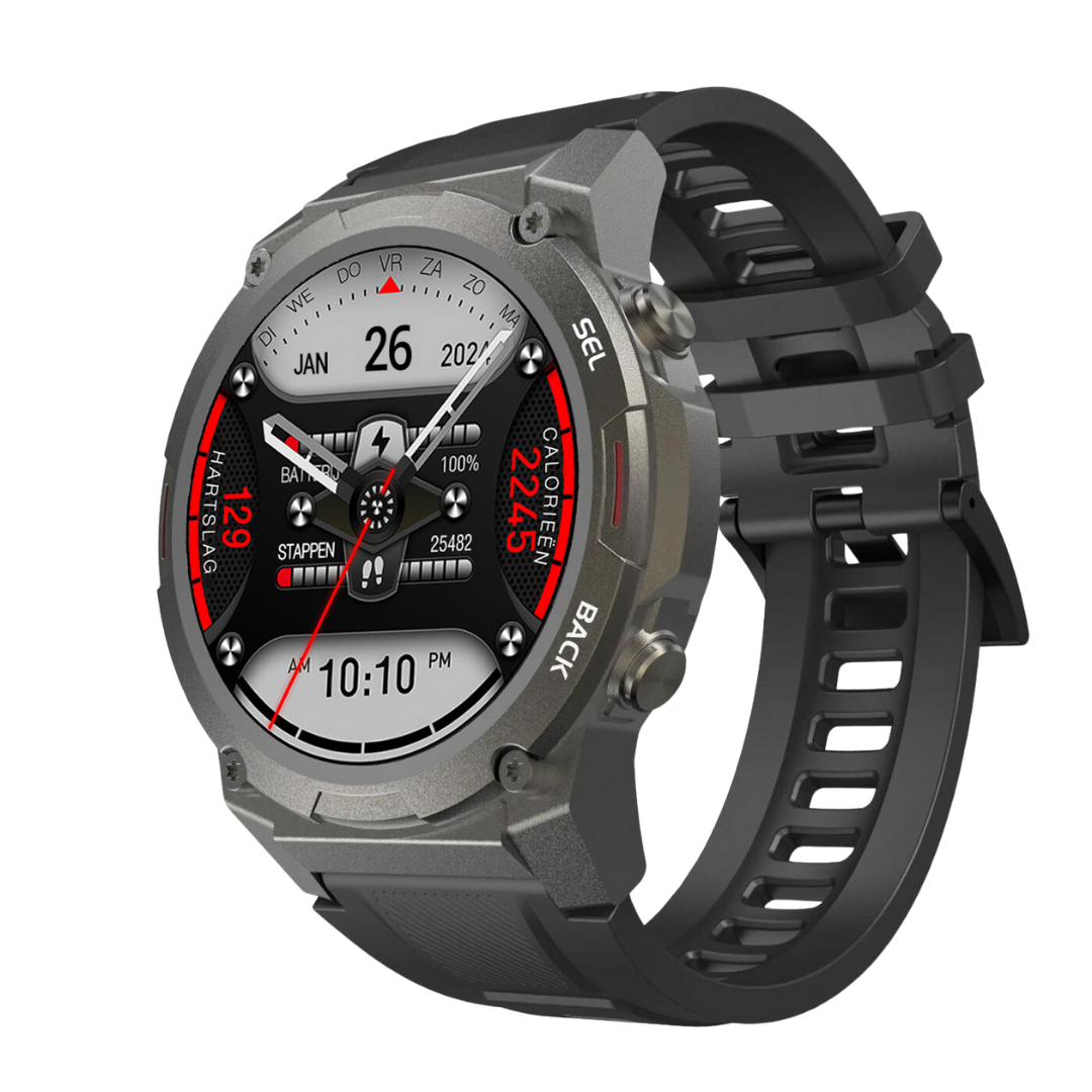 Zwarte Pulse XR smartwatch met AMOLED scherm, stijlvol en waterdicht. Perfect voor dagelijks gebruik.