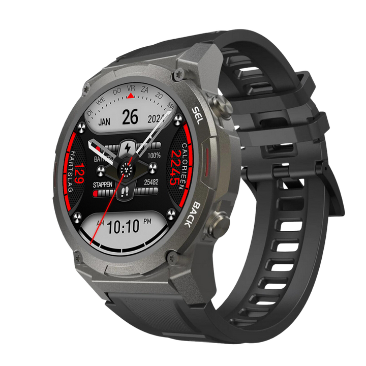 Zwarte Pulse XR smartwatch met AMOLED scherm, stijlvol en waterdicht. Perfect voor dagelijks gebruik.