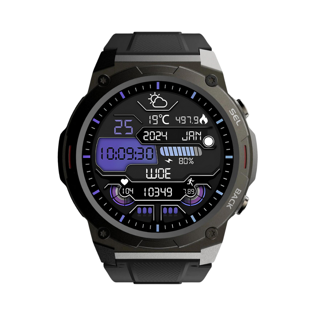Close-up van het levendige AMOLED display van de Pulse XR smartwatch, toont tijd en statistieken.