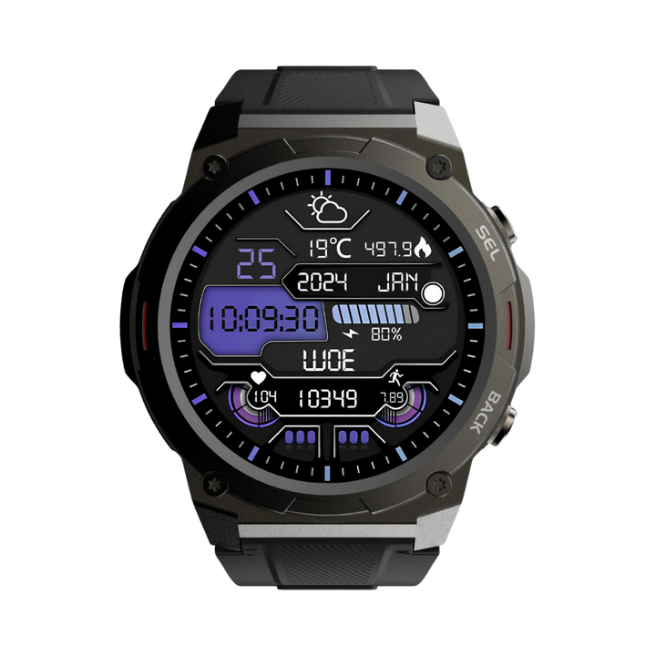 Close-up van het levendige AMOLED display van de Pulse XR smartwatch, toont tijd en statistieken.
