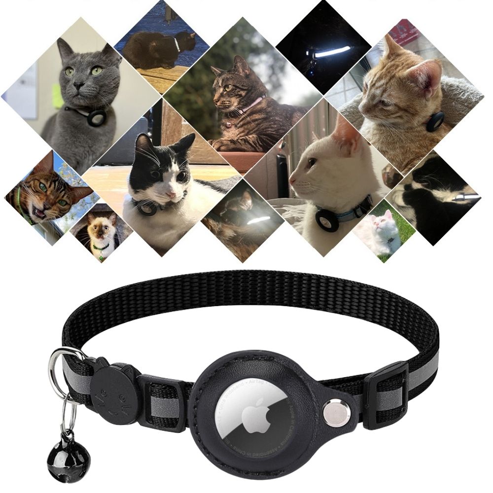Veilige kattenhalsband met reflectie en stevige GPS houder, ideaal voor avontuurlijke katten.