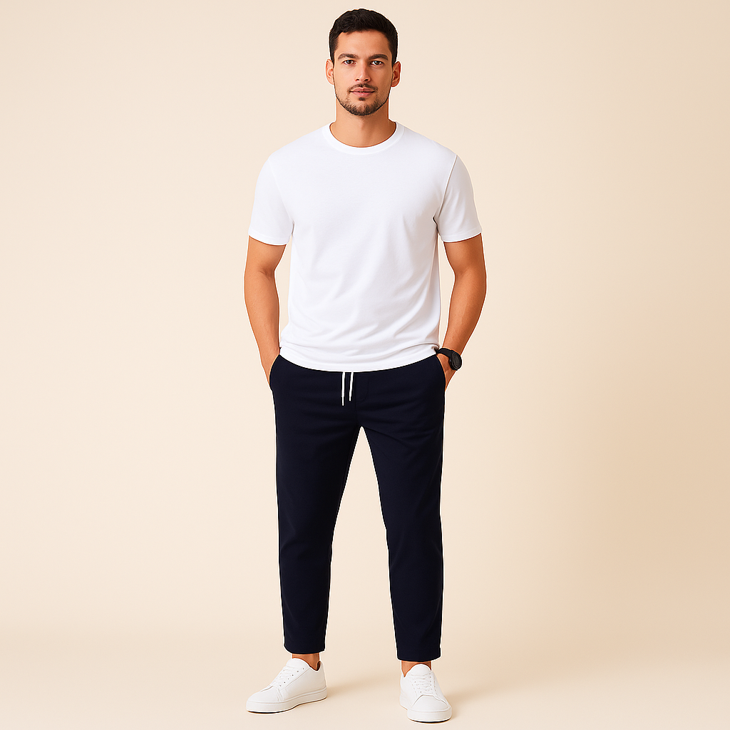 Zwarte slim fit herenbroek met trekkoord en elastische taille, ideaal voor casual en moderne outfits.