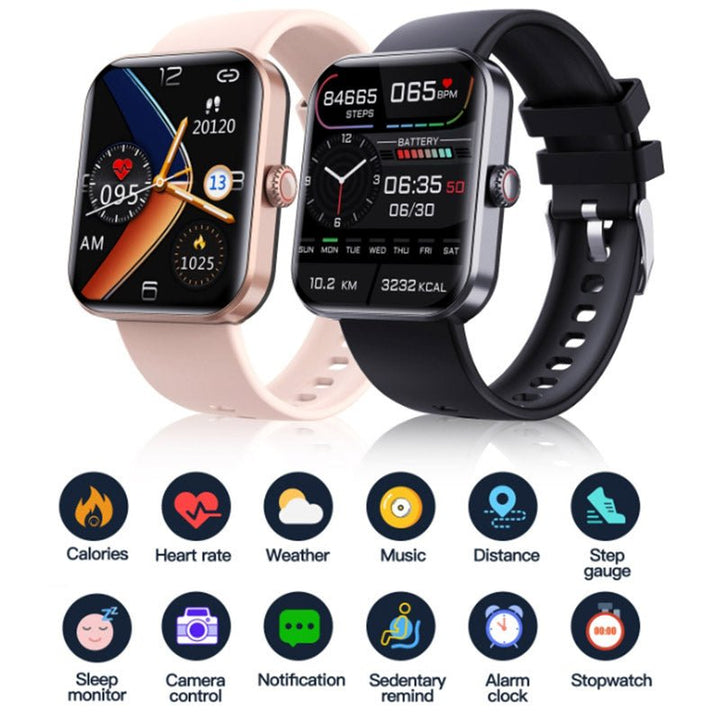 Stijlvolle roze smartwatch met bloedsuikermeting. Comfortabele siliconen band, perfect voor dagelijks gebruik.