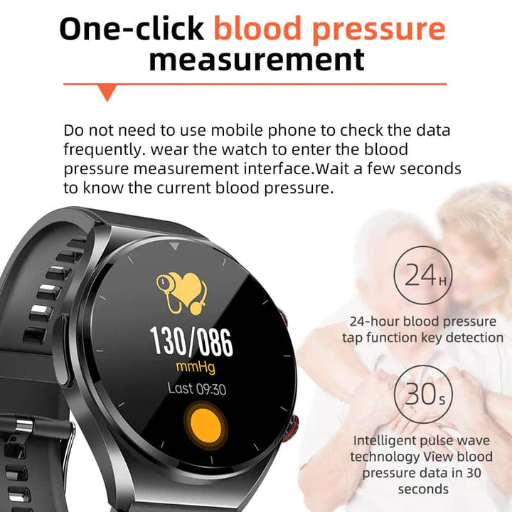Persoon draagt zwarte smartwatch en bekijkt hartslaggegevens; monitor je gezondheid en fitness realtime.