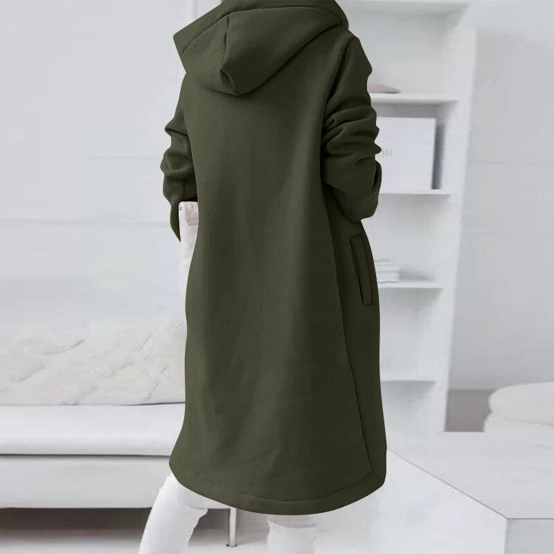 Elegante dames middellange jas met capuchon in effen kleur, ideaal voor een stijlvolle casual look.
