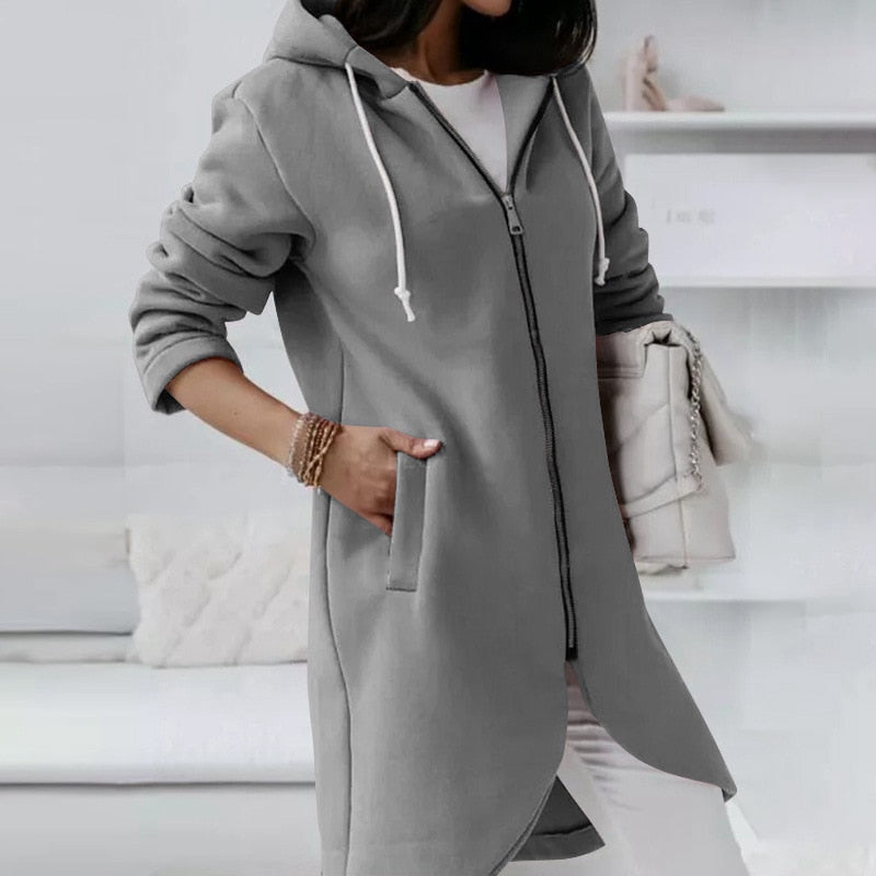 Casual dames middellange jas met capuchon, ideaal voor dagelijks comfort en een trendy uitstraling.
