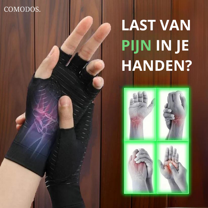 Zwarte unisex compressiehandschoenen voor handpijn, artritis en reuma. Bieden comfortabele pijnverlichting en ondersteuning.