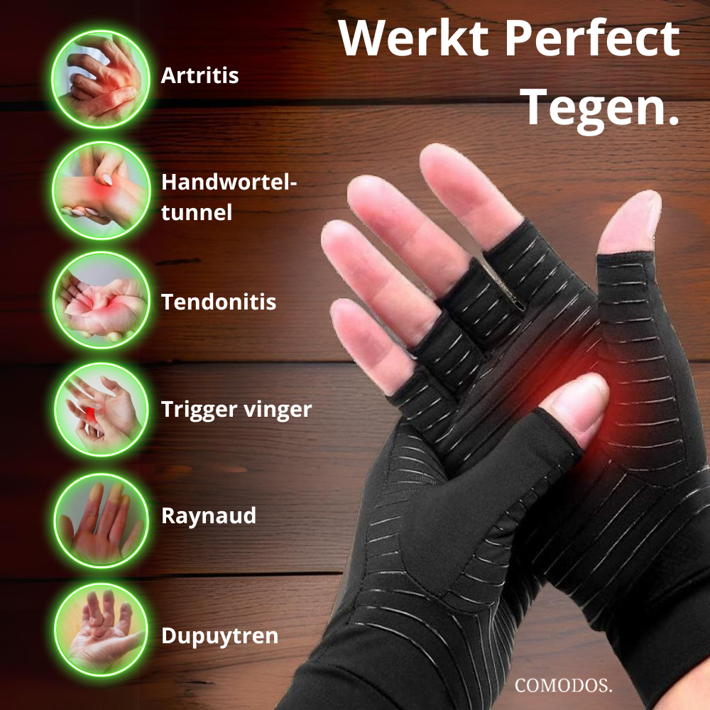 Compressiehandschoenen voor carpaal tunnel syndroom en artritis, met open vingertoppen voor dagelijks comfort.