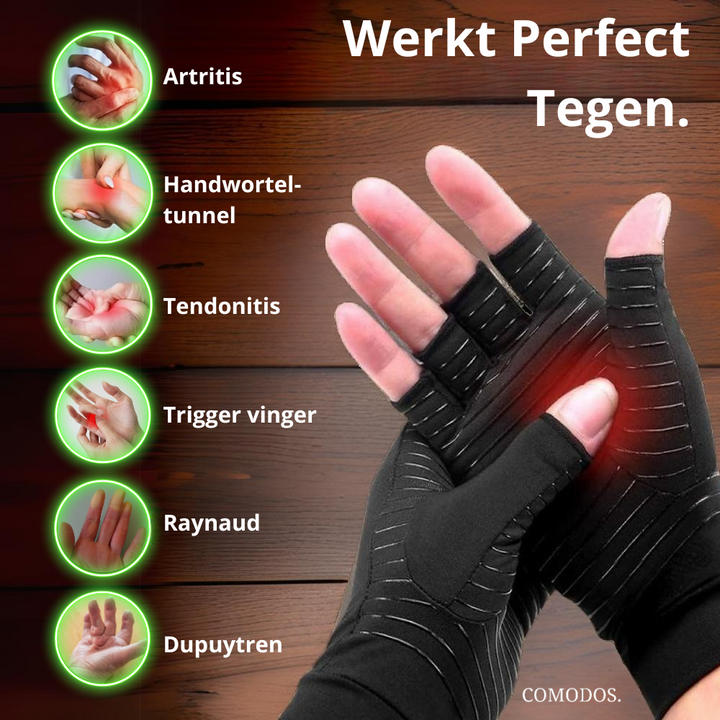 Compressiehandschoenen voor carpaal tunnel syndroom en artritis, met open vingertoppen voor dagelijks comfort.