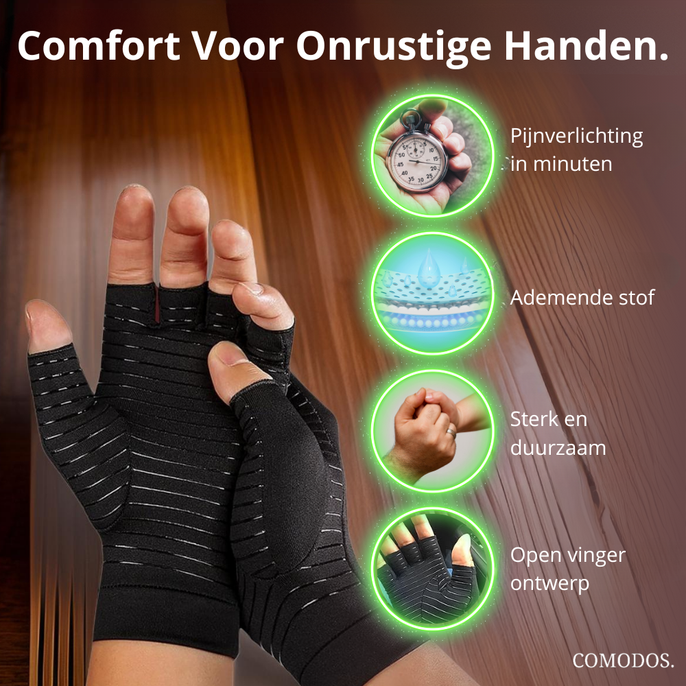 Ergonomische compressiehandschoenen voor handtherapie en polsondersteuning, effectief bij reuma en handpijn.