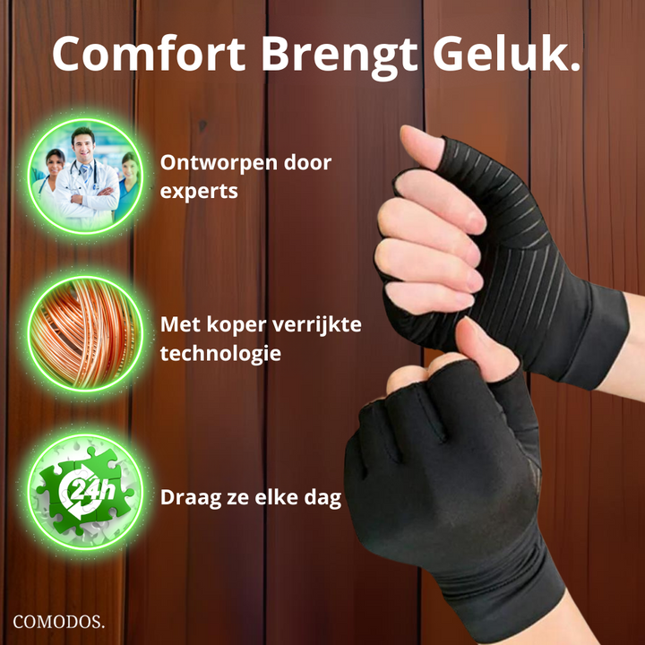 Ademende compressiehandschoenen, ideaal voor pijnverlichting bij artritis. Comfortabel voor dagelijks gebruik door dames en heren.