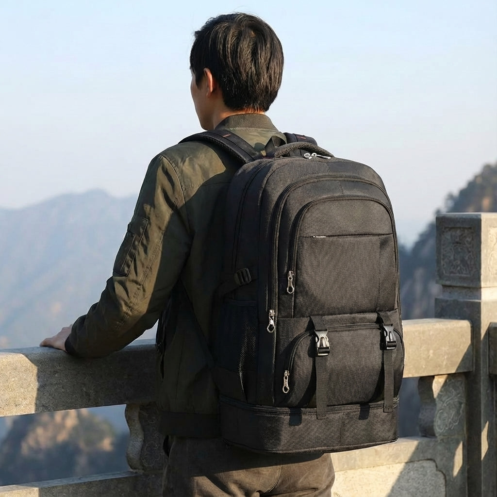 Zwarte unisex reisrugzak, uitbreidbaar met grote capaciteit, ideaal voor wandelen en outdoor avonturen.
