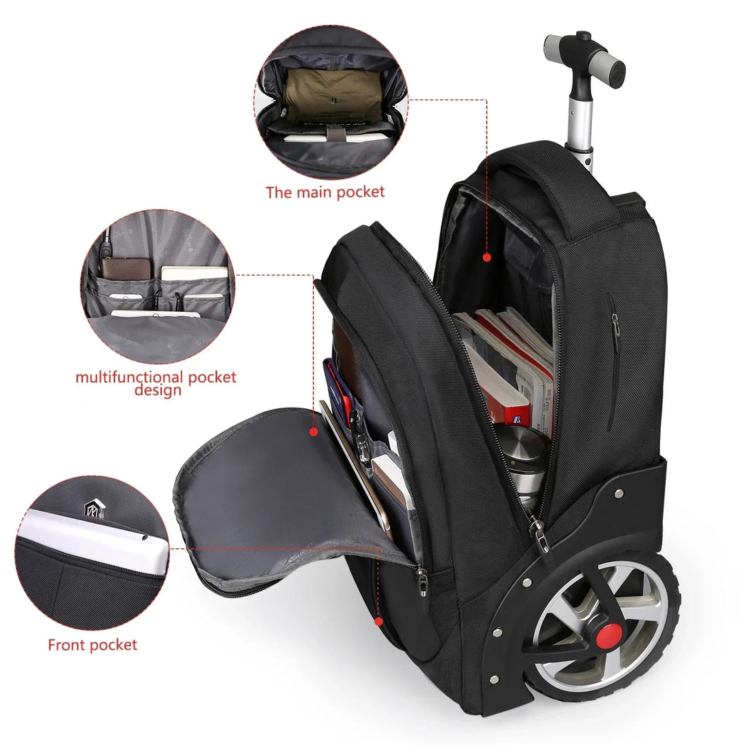 Flexibele 3-in-1 laptoprugzak Helsinki, te gebruiken als rolrugzak, trolley of weekendtas voor reizen.