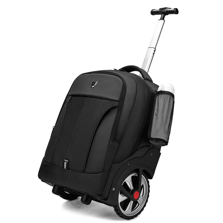 Handige zwarte rolrugzak, flexibel inzetbaar als laptoprugzak, trolley of koffer voor elk avontuur.
