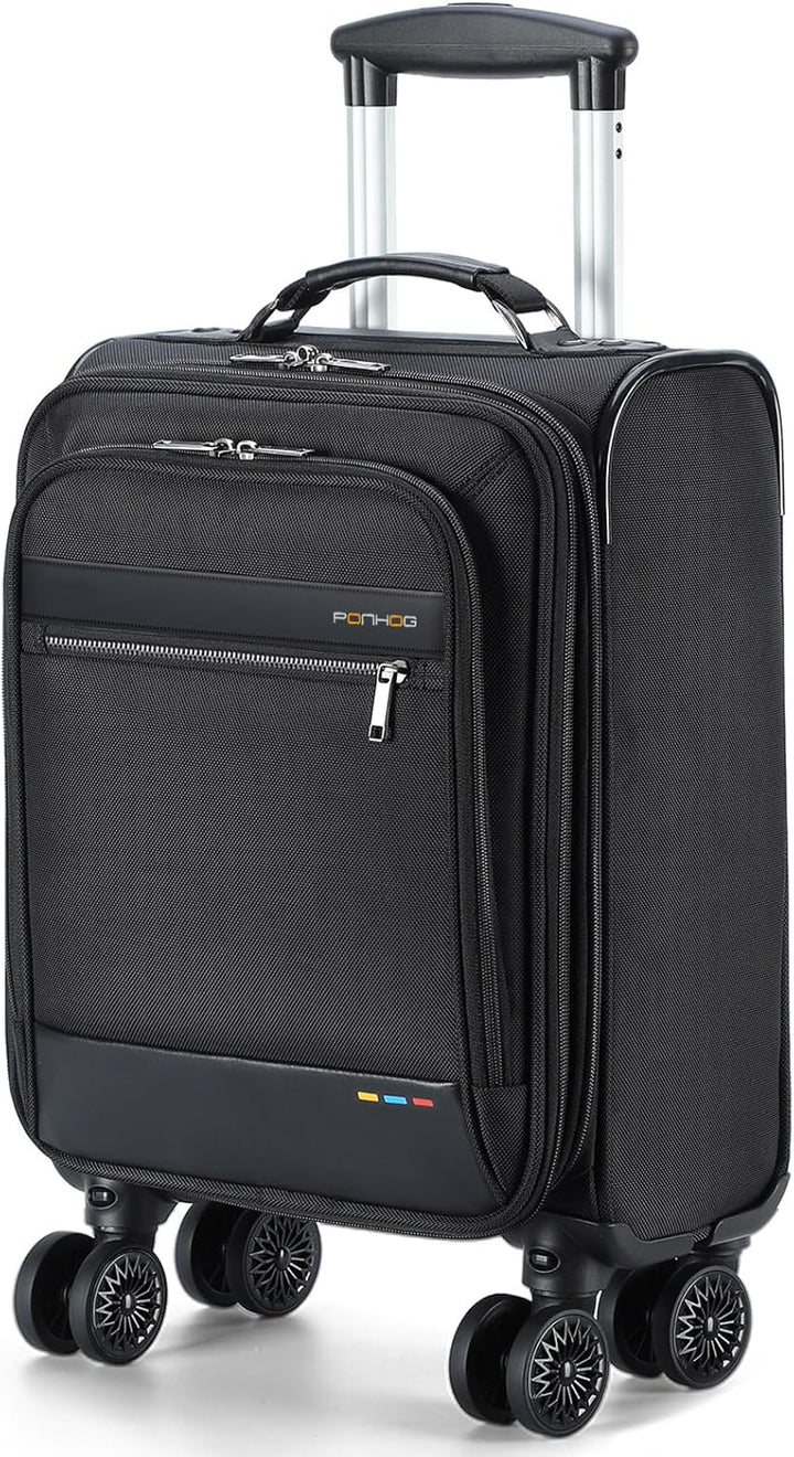 Zwarte unisex uitbreidbare handbagage koffer met spinner wielen en handig laptopvak, ideaal voor reizen.