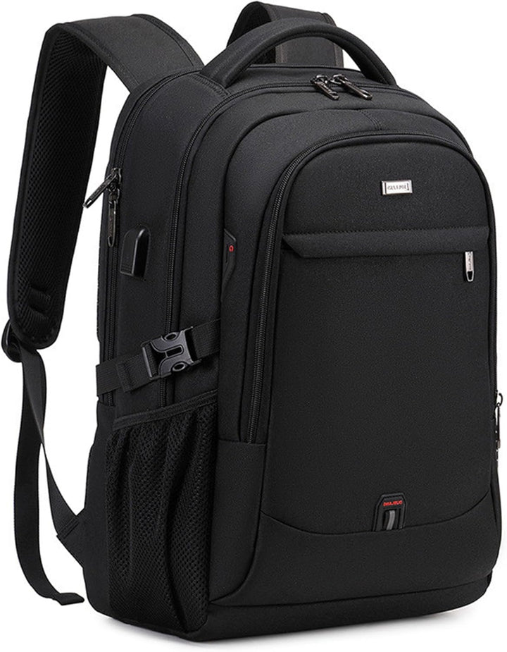 Zwarte unisex waterafstotende laptop rugzak met strak design, ideaal als reistas, werktas of schooltas.
