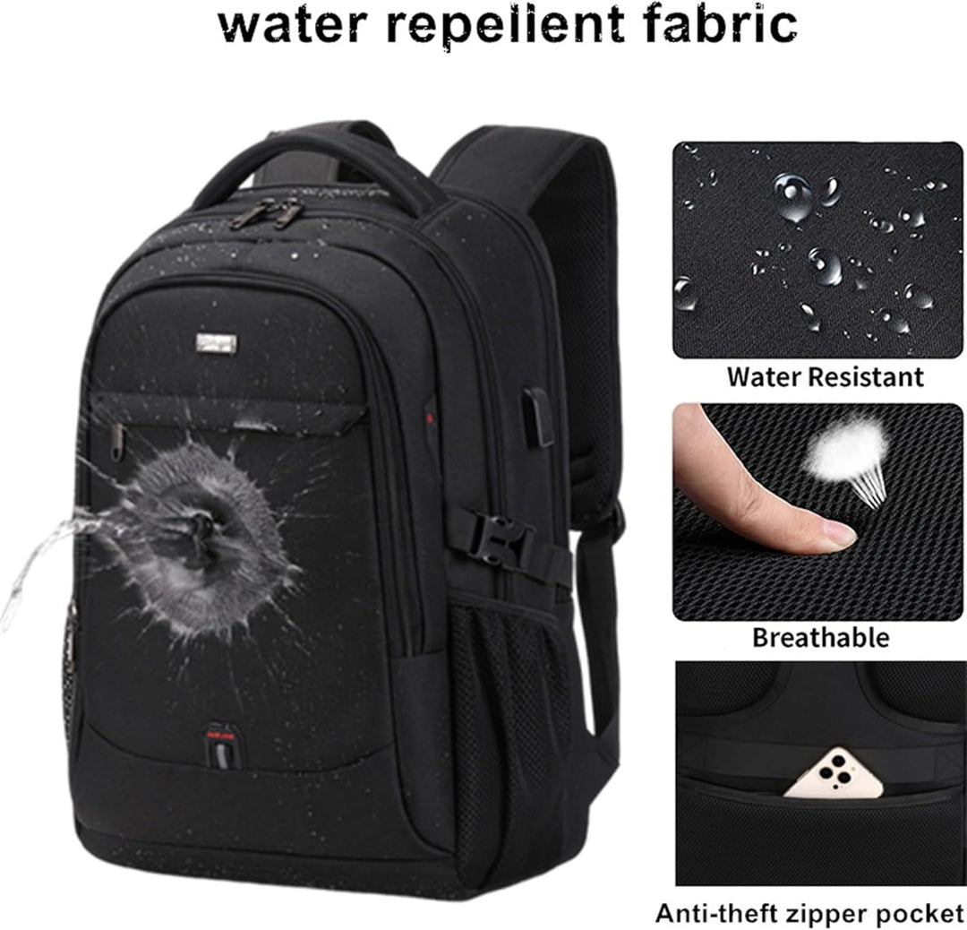 Ergonomische zwarte waterafstotende rugzak, geschikt als ruime reistas of pendeltas voor laptop en essentials.