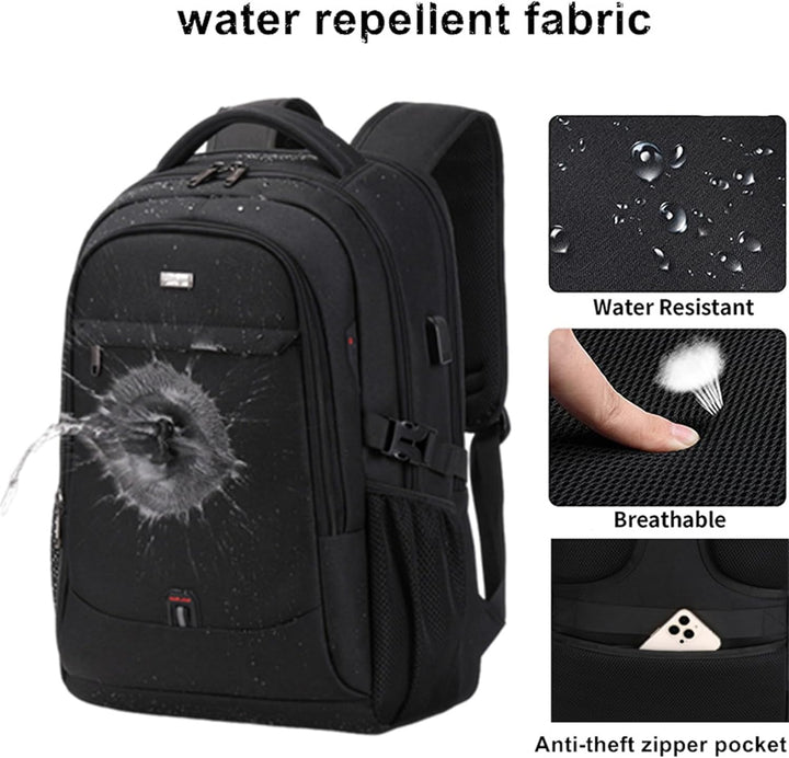 Ergonomische zwarte waterafstotende rugzak, geschikt als ruime reistas of pendeltas voor laptop en essentials.