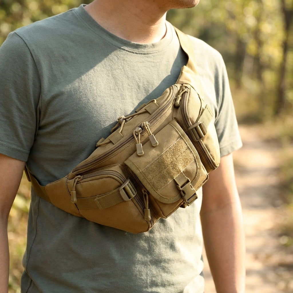 Zwarte unisex waterdichte tactische heuptas van PackForge, ideaal voor outdoor avontuur en survival met molle systeem.