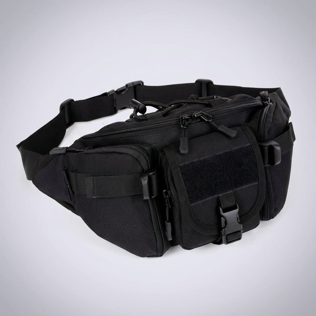 PackForge zwarte waterdichte tactische heuptas, essentieel voor avontuur, wandelen en buitensport. Comfortabel en duurzaam.