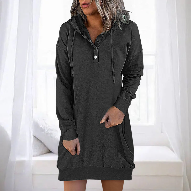 Strakke minimalistische Valeria lange hoodie jurk; moderne dameskleding voor diverse gelegenheden.
