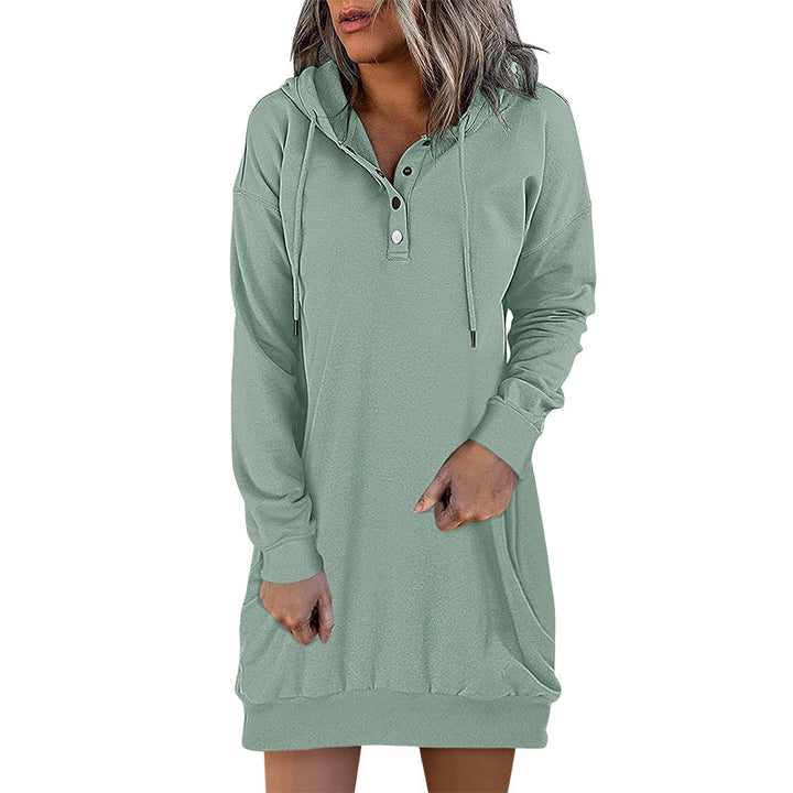 Minimalistische Valeria dames hoodie jurk; comfortabele streetwear lange hoodie outfit.