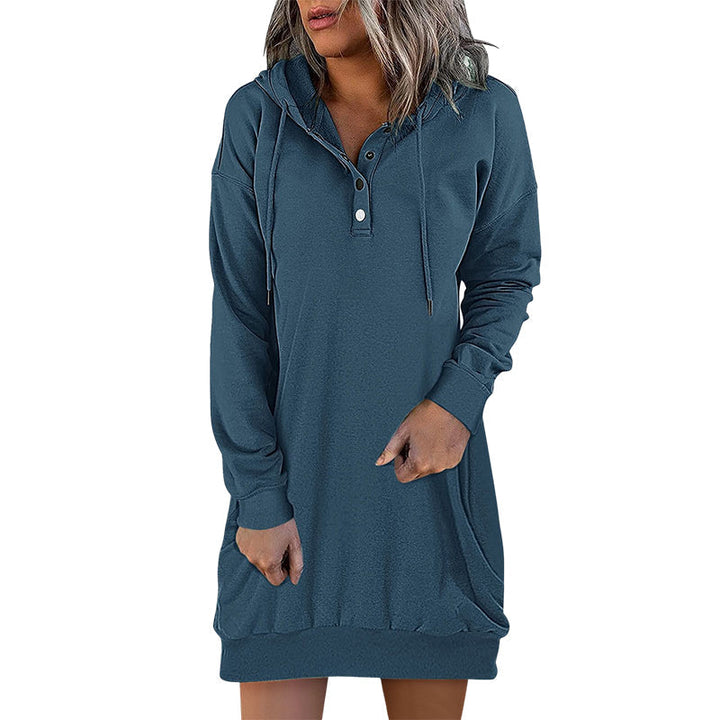 Comfortabele Valeria hoodie jurk voor dames; minimalistische lange hoodie in zwarte stof.