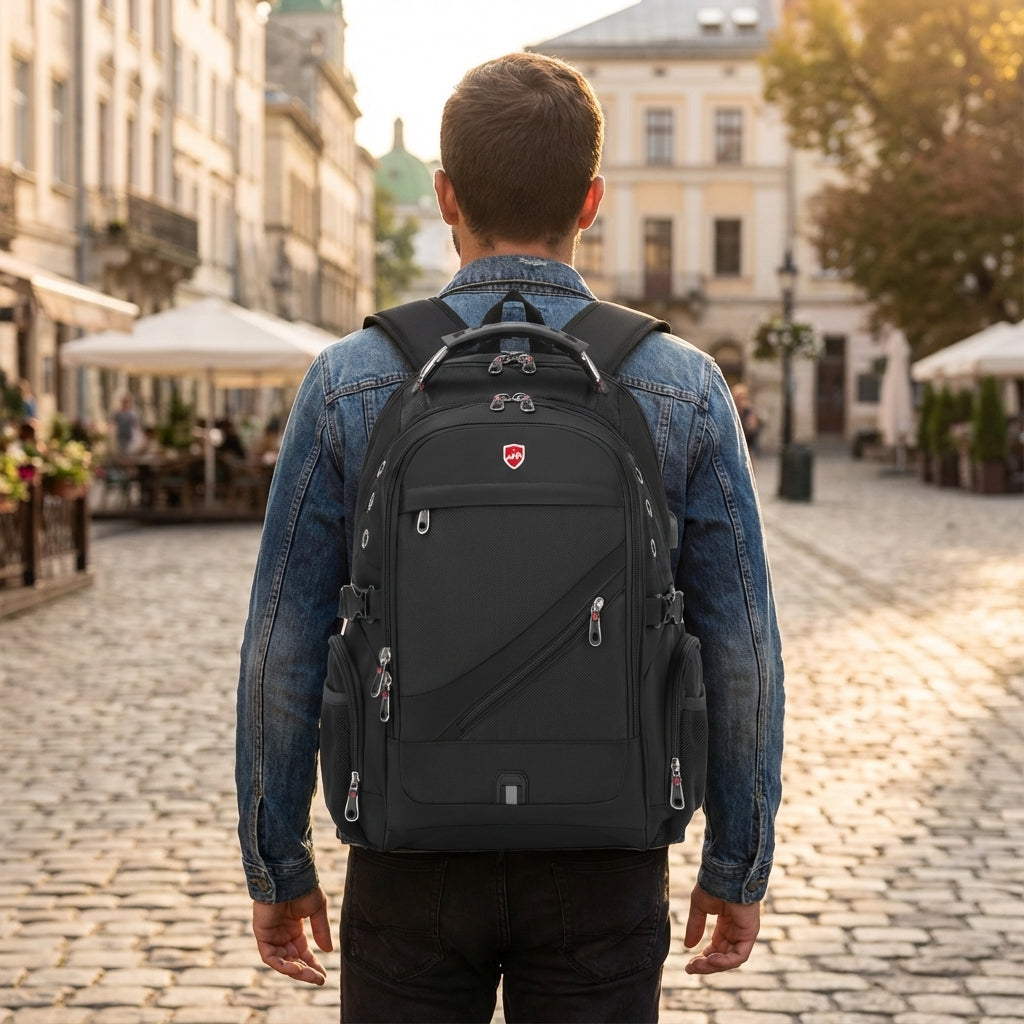 Zwarte VoyageVault unisex antidiefstal reisrugzak, perfect voor veilig reizen en pendelen.