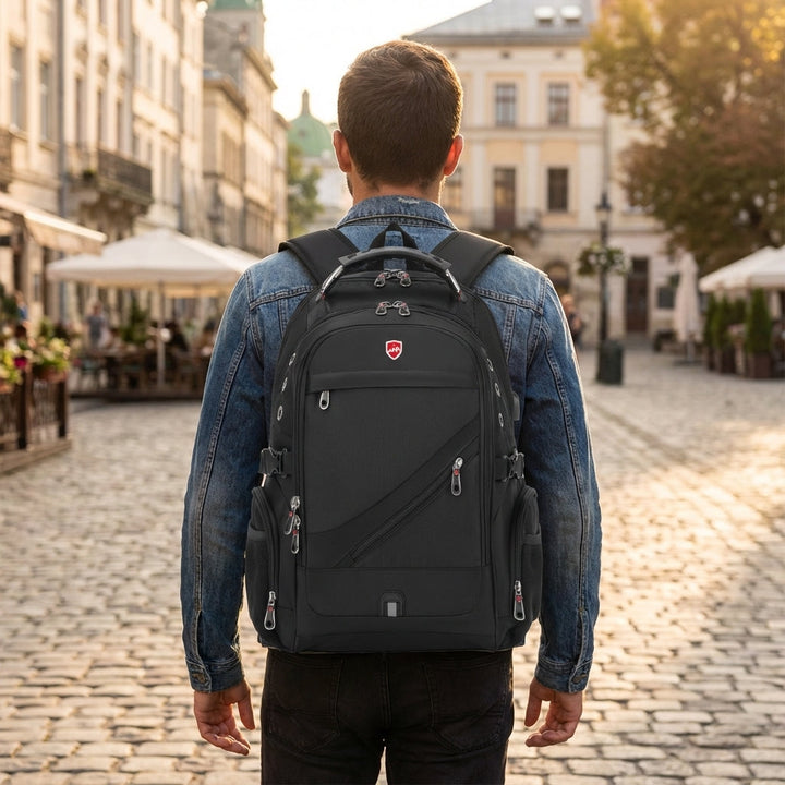 Zwarte VoyageVault unisex antidiefstal reisrugzak, perfect voor veilig reizen en pendelen.