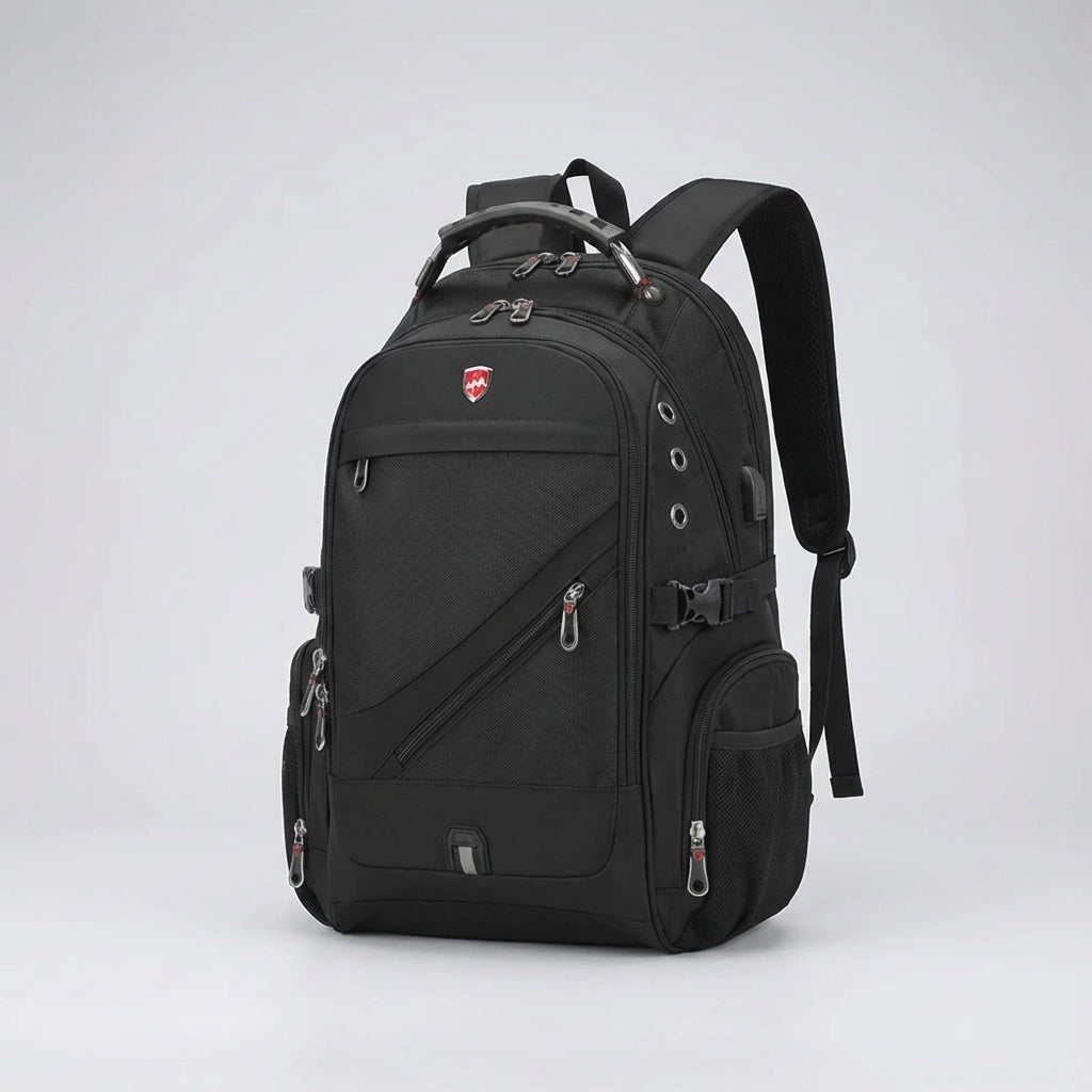 Moderne zwarte reisrugzak met verborgen ritsen en een gewatteerd laptopvak; ideaal voor veilig reizen.