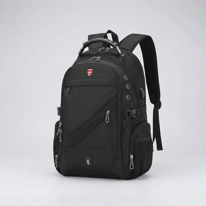 Moderne zwarte reisrugzak met verborgen ritsen en een gewatteerd laptopvak; ideaal voor veilig reizen.
