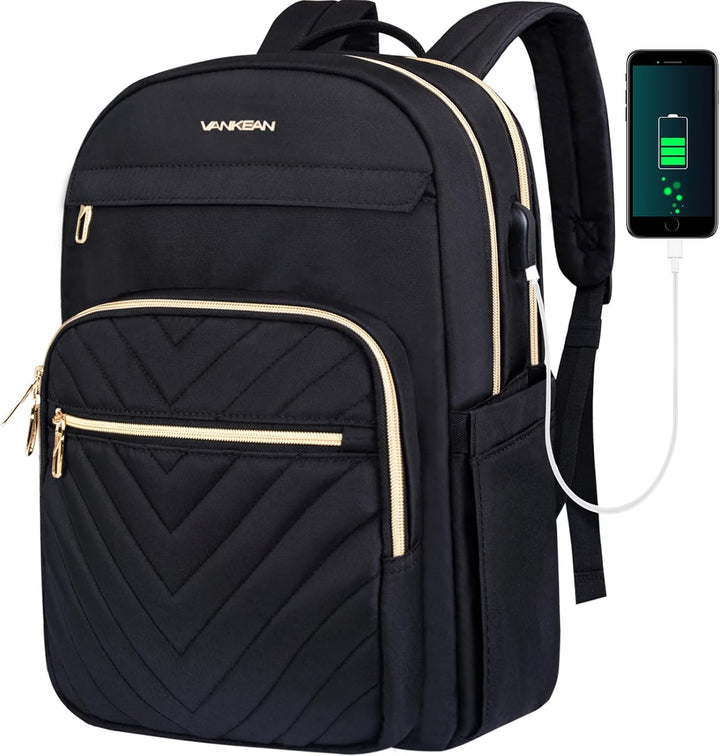 Zwarte waterdichte dames laptoprugzak 15.6" met USB-poort, ideaal voor werk, school of reizen.