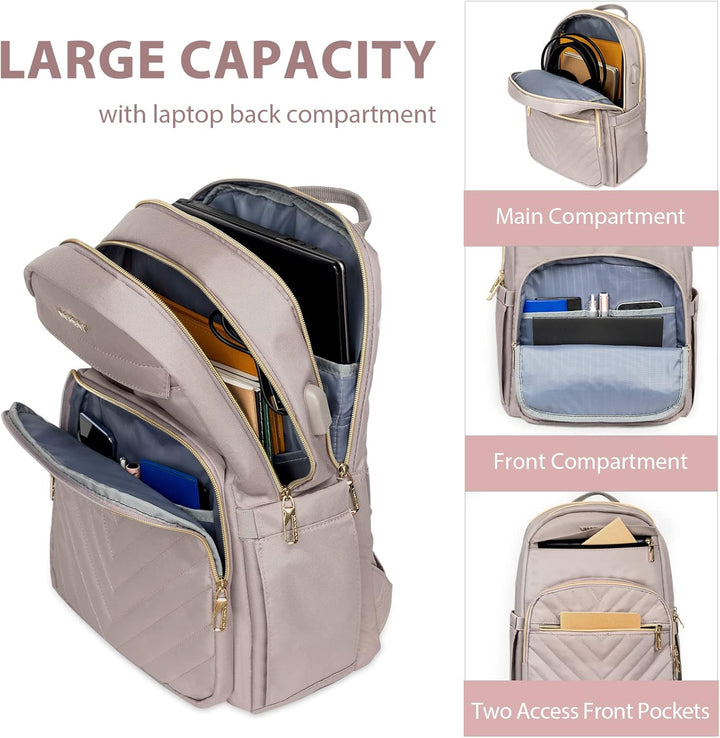 Ruime waterdichte dames laptoprugzak 15.6" voor reizen, werk of school, met meerdere opbergvakken.
