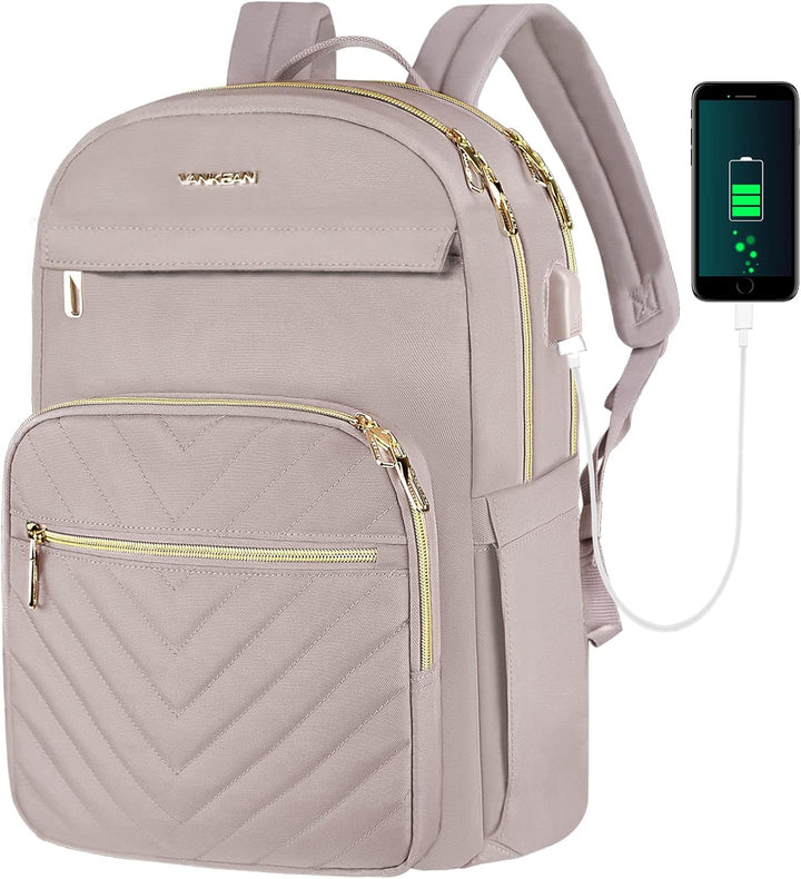 Roze waterdichte laptoprugzak 15.6" voor dames, met USB-poort en verstelbare schouderbanden.