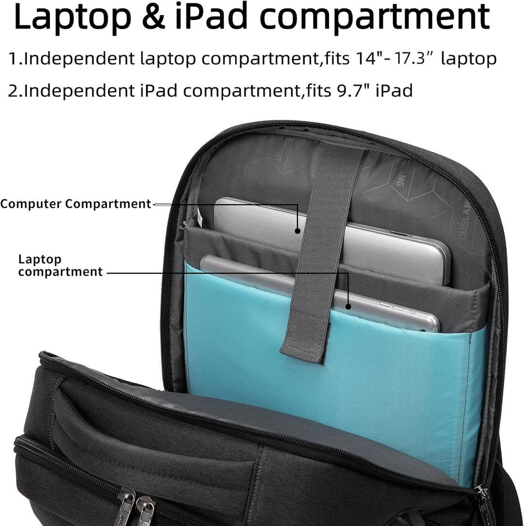 Waterdichte reisrugzak in donkere kleur, met USB-poort en veel ruimte voor al je spullen.