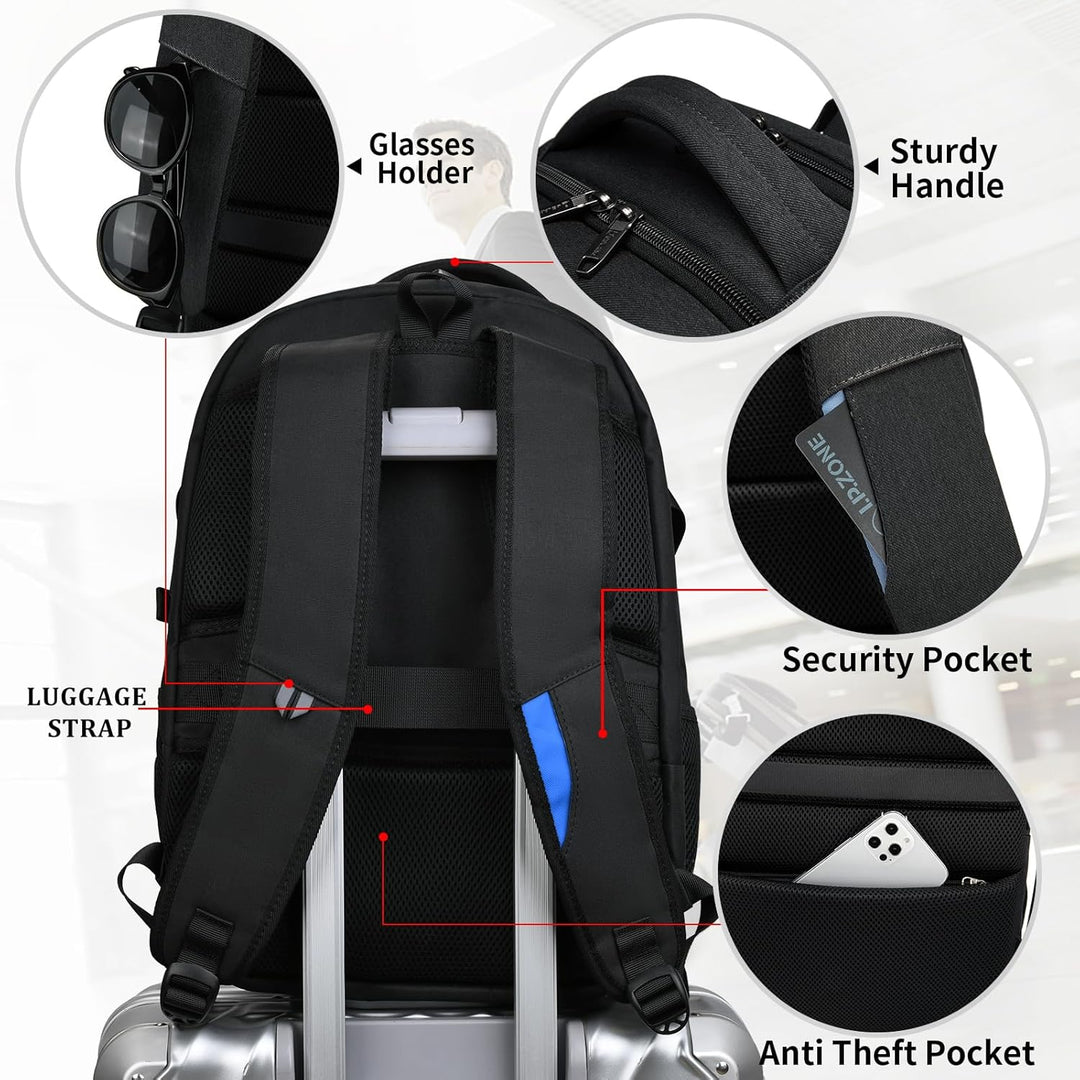 Open rugzak toont georganiseerde vakken, laptophoes en USB-kabelaansluiting.