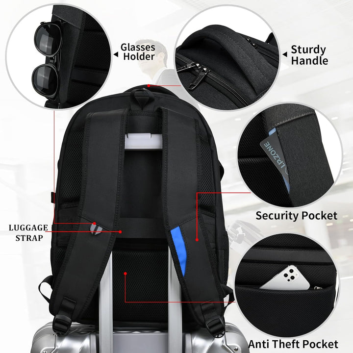 Open rugzak toont georganiseerde vakken, laptophoes en USB-kabelaansluiting.